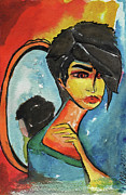 Woman in Red, Yellow and Blue. Facing away from mirror. Painting by Allie Lily Woman in Red, Yellow and Blue. Facing away from mirror. Painting by Allie Lily