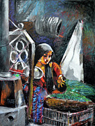 Woman selling okra Painting by Elhamy Naguib