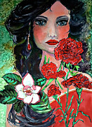 Woman with red carnations and magnolias Painting by Ginette Callaway