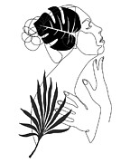Women Self-Confidence. Minimalist Black Linear Sketch Woman Face With Monstera Leaves One Line Art Drawing by Mounir Khalfouf