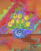 Yellow Tulips In A Blue Bowl Digital Art by Lois Bryan