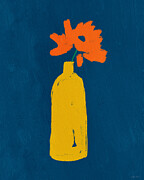 Yellow Vase with Orange Flower- Art by Linda Woods Mixed Media by Linda Woods