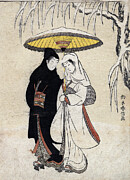 Young Lovers Walking Together under an Umbrella in a Snow Storm, c1769 Drawing by Suzuki Harunobu - Granger Historical Picture Archive