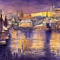Charles Bridge and Prague Castle with the Vltava River Painting by Yuriy Shevchuk