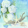 Cottage at the Shore 1 White Hydrangea Bouquet w Driftwood Starfish Sea Glass and Seashell Painting by Audrey Jeanne Roberts Cottage at the Shore 1 White Hydrangea Bouquet w Driftwood Starfish Sea Glass and Seashell Painting by Audrey Jeanne Roberts