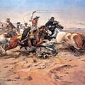 Cowboys roping a steer Painting by Charles Marion Russell Cowboys roping a steer Painting by Charles Marion Russell