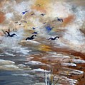 Foggy Beach Painting by Saundra Johnson Foggy Beach Painting by Saundra Johnson