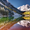 Sunrise at Maroon Bells Lake Autumn Aspen Trees in The Rocky Mountains Near Aspen Colorado Photograph by OLena Art Sunrise at Maroon Bells Lake Autumn Aspen Trees in The Rocky Mountains Near Aspen Colorado Photograph by OLena Art