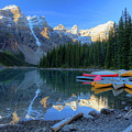 Moraine Lake Sunrise Blue Skies Canoes by Wayne Moran Moraine Lake Sunrise Blue Skies Canoes by Wayne Moran