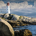 Panorama of Peggys Cove Lighthouse with Flying Gulls Photograph by Randall Nyhof
