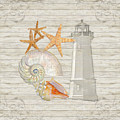 Refreshing Shores - Lighthouse Starfish Nautilus n Conch over driftwood background Painting by Audrey Jeanne Roberts Refreshing Shores - Lighthouse Starfish Nautilus n Conch over driftwood background Painting by Audrey Jeanne Roberts