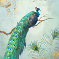 Regal Peacock 1 on Tree Branch w Feathers Gold Leaf Painting by Audrey Jeanne Roberts Regal Peacock 1 on Tree Branch w Feathers Gold Leaf Painting by Audrey Jeanne Roberts