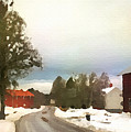 Snowy Street with Red House by Shelli Fitzpatrick
