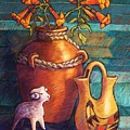 Trumpet Vines and Pottery Pastel by Candy Mayer Trumpet Vines and Pottery Pastel by Candy Mayer