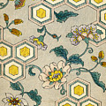Vintage Japanese Illustration Of Blossoms On A Honeycomb Background by Japanese School Vintage Japanese Illustration Of Blossoms On A Honeycomb Background by Japanese School