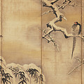 Birds In Landscape, First Half Of The 17th Century Drawing by Kano Naonobu