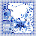Chinoiserie Blue and White Pagoda with Stylized Flowers and Chinese Chippendale Border Painting by Audrey Jeanne Roberts Chinoiserie Blue and White Pagoda with Stylized Flowers and Chinese Chippendale Border Painting by Audrey Jeanne Roberts