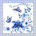 Chinoiserie Blue and White Pagoda with Stylized Flowers Butterflies and Chinese Chippendale Border Painting by Audrey Jeanne Roberts Chinoiserie Blue and White Pagoda with Stylized Flowers Butterflies and Chinese Chippendale Border Painting by Audrey Jeanne Roberts