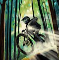 Forest jump mountain biker Painting by Sassan Filsoof Forest jump mountain biker Painting by Sassan Filsoof