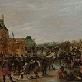 Frolicking on a Frozen Canal in a Town. Painting by Jan van de Velde -II- -rejected attribution- Hendrick Avercamp -copy after- Esaias van de Velde