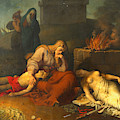 Hecabe with the corpses of her children Polyxena and Polydoros at the tomb of Achilles Painting by Karl Russ Hecabe with the corpses of her children Polyxena and Polydoros at the tomb of Achilles Painting by Karl Russ