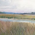Marsh with Heron in Greens Painting by Blue  Sky