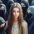 A confident woman stands as a bold rebel amidst women in burkas, her individuality shining as a symbol of empowerment and strength. by Arpan Bhatia