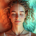 A serene portrait of a young woman with a vibrant split-color background, highlighting her calm demeanor and artistic aesthetics. by Arpan Bhatia
