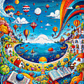 A vibrant seascape teems with colorful hot air balloons drifting above a lively coastline dotted wit by Elena Gantchikova