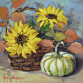 Autumn Still Life Of Sunflowers and Decorative Pumpkins by Cheri Wollenberg
