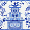 Blue and White Chinoiserie Chinese Pagoda Temple Peony Floral Willow Tree by Audrey Jeanne Roberts