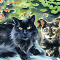 BobCat, Callie And The Koi Pond Cat Painting by Dora Hathazi Mendes