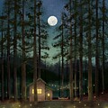 Cabin in the Woods Under a Full Moon by Van Thi Diep