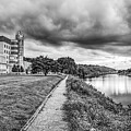 Charleston Clay Tower And Moody Skies Over The Kanawha River - Black And White Edition by Gregory Ballos