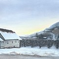 Church in Winter Orchards. Stemilt Hill. Wenatchee, Washington State. Painting by Sasha S Fair