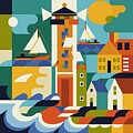 Folk Art Coastal Scene with Lighthouse #1 by Stephanie Fischer