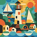 Folk Art Coasstal Scene with Lighthouse #2 by Stephanie Fischer