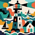 Folk Art Coastal Scene with Lighthouse #3 by Stephanie Fischer