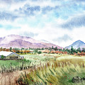 Farm Barn Mountains Road In The Field Watercolor Impressionism Painting by Irina Sztukowski Farm Barn Mountains Road In The Field Watercolor Impressionism Painting by Irina Sztukowski