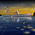Fisherman Trolling in a Row Boat with Flying Gulls and School o Photograph by Randall Nyhof Fisherman Trolling in a Row Boat with Flying Gulls and School o Photograph by Randall Nyhof
