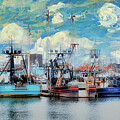 Fishing boats in the Marina with Monet Pained Sky by Bruce Block