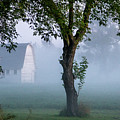 Foggy White Barn by Chad Rowe
