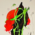 Green Faces on Black and Red 11149 Mixed Media by Lew Hagood Green Faces on Black and Red 11149 Mixed Media by Lew Hagood