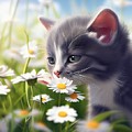 Kitten Sniffing Daisy Digital Art by Cats in Places Kitten Sniffing Daisy Digital Art by Cats in Places