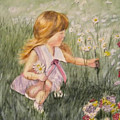 Little Girl Picking Flowers Mixed Media by Kelly Mills Little Girl Picking Flowers Mixed Media by Kelly Mills
