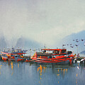Old pier on calm sea painting Painting by Tithi Luadthong