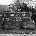 Palo Duro Canyon Entrance Sign Black and White by Bob Pardue