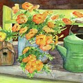 Petunia Party on the Old Garden Bench by Rebecca Matthews