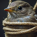Powerful closeup showing nature's fragility through a bound bird's eye and detailed feathers, emphasizing the interplay of freedom and constraint by Arpan Bhatia