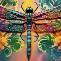 Psychedelic Dragonfly on Multicolor Background by Freddy B